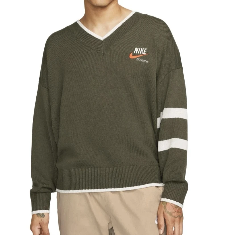 Nike Sportswear Trend条纹印花V领长袖毛衣 男款卡其DX0009-325