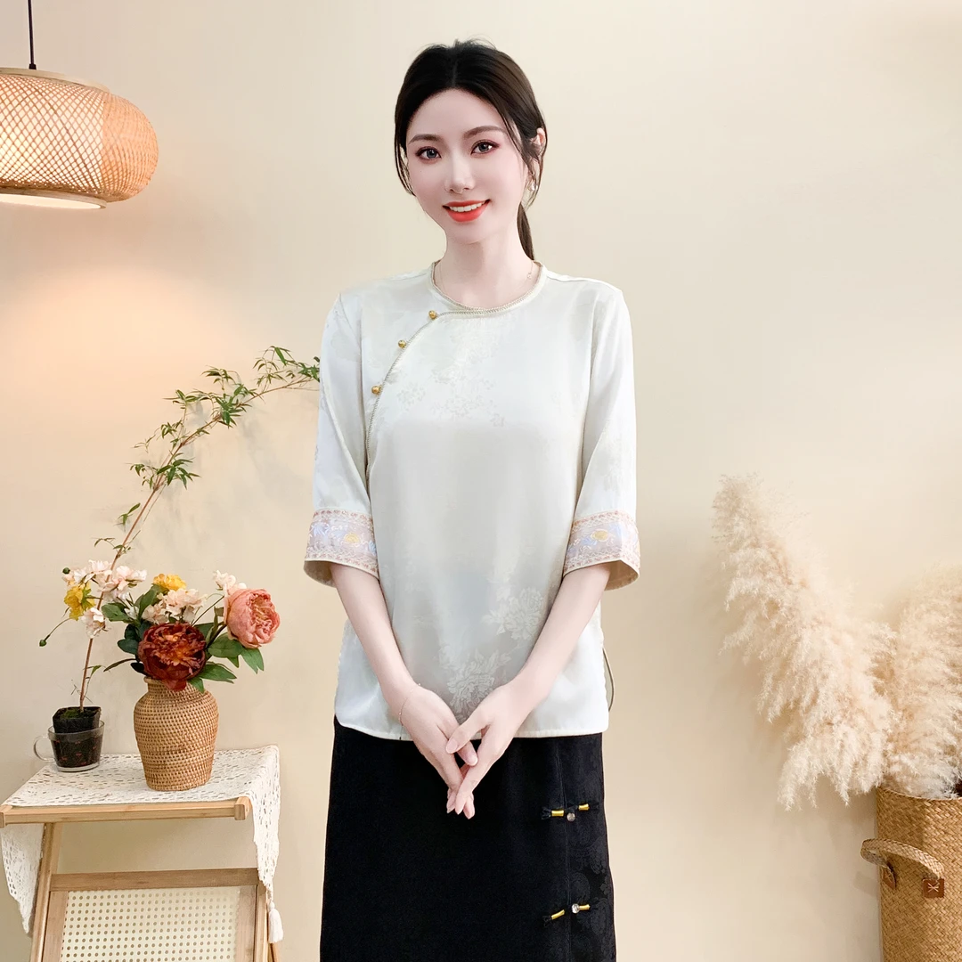 【粉黛】新中式新款提花日常复古小衫