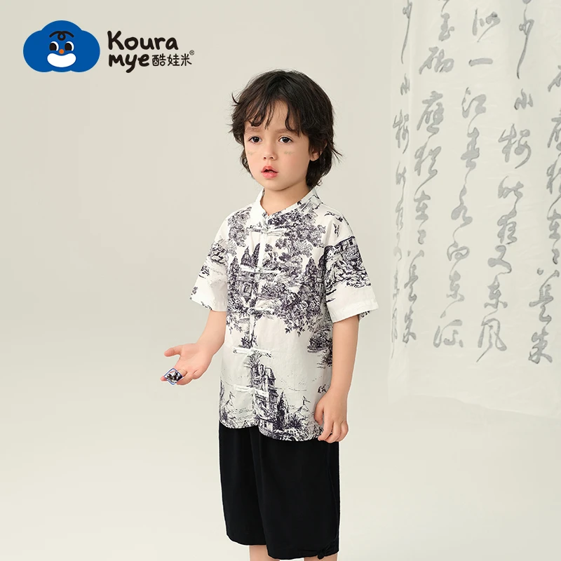 酷娃米夏款儿童短袖中小男宝宝古风唐装汉服套装50101