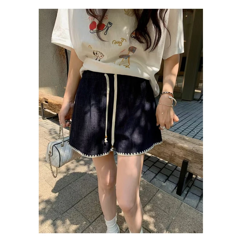 高腰通勤风常规款夏季短裤牛仔裤阔腿裤卷边ins韩版