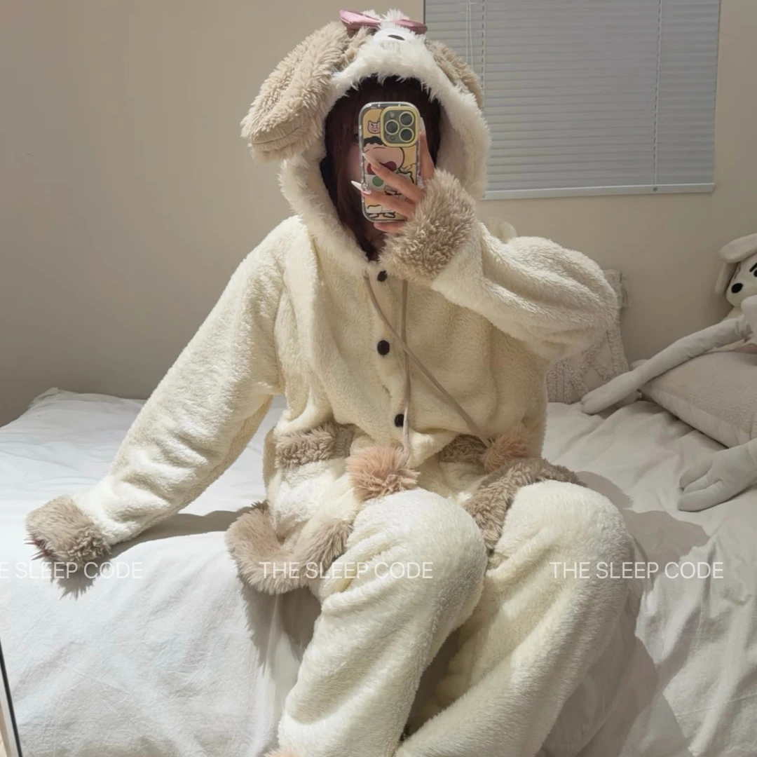 Zai Living/也宅【毛茸茸小兔】新款针织高密半边绒带帽保暖家居服