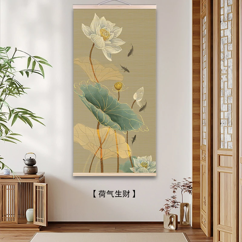 荷花新中式挂画竹编竹帘装饰画客厅餐厅玄关沙发背景墙画花鸟实木