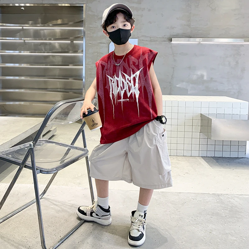 男童夏装无袖套装2025新款中大童痞帅风男孩夏季儿童运动背心潮酷