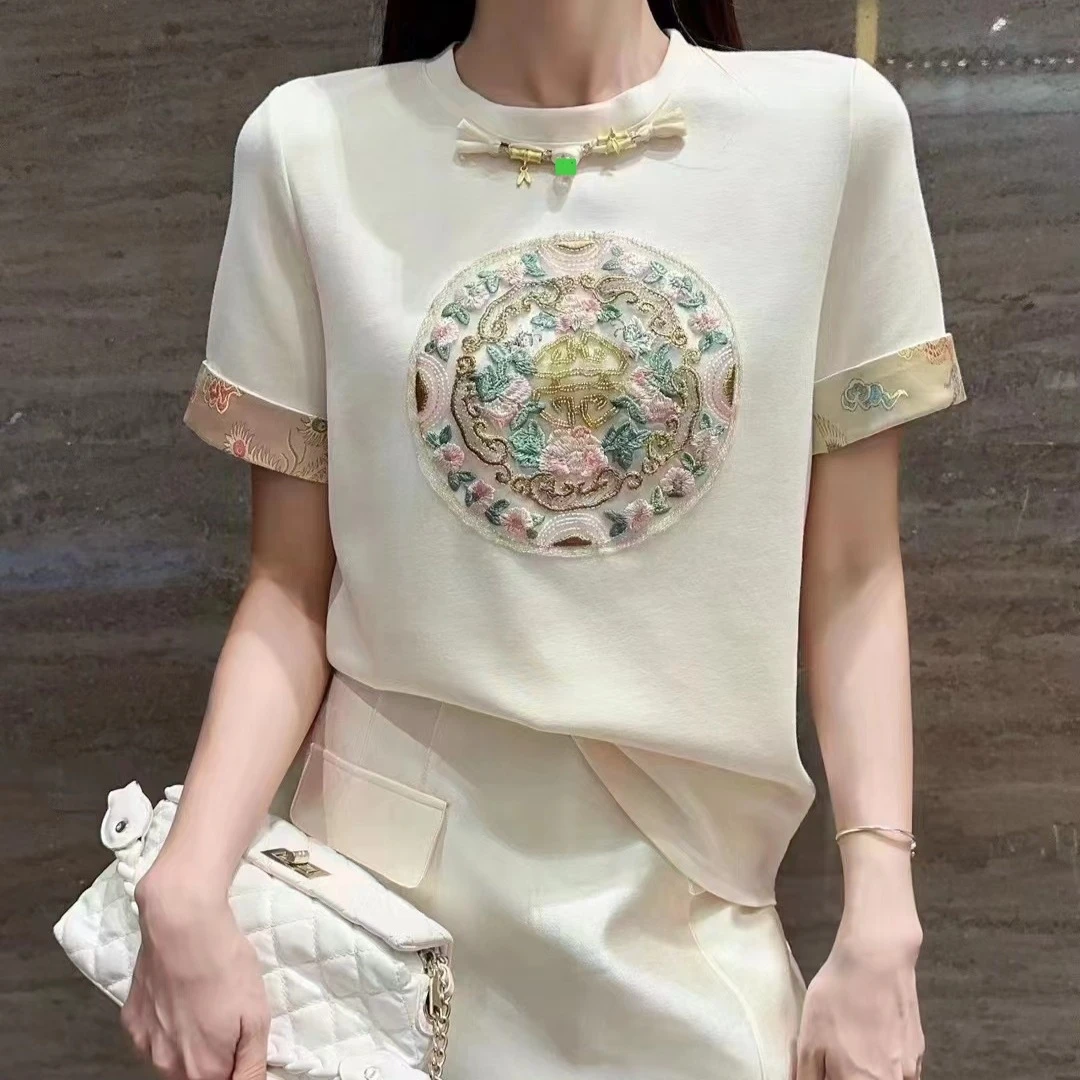 国潮风女士夏季短袖修身刺绣T恤