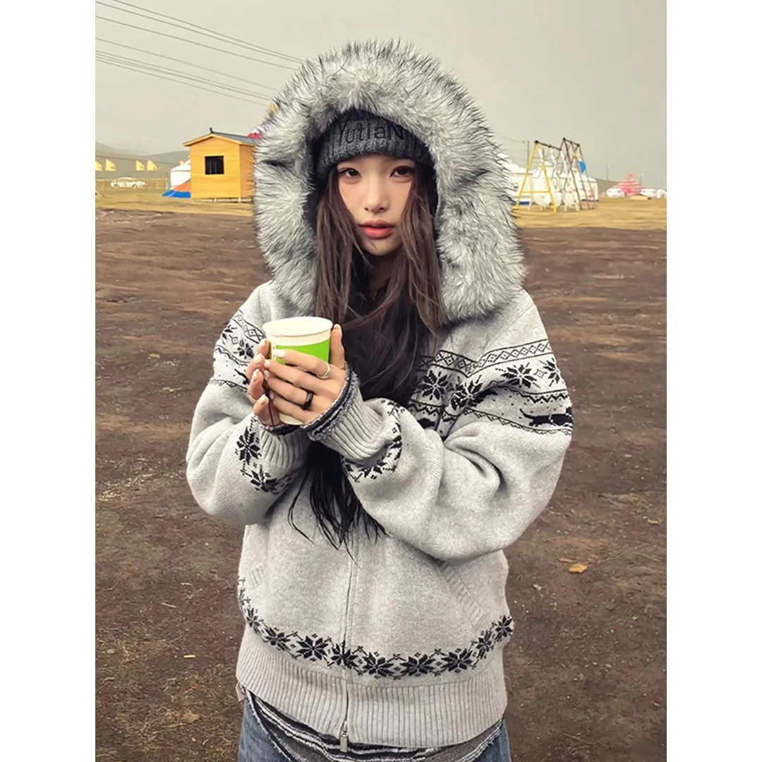 费尔岛灰色连帽毛衣外套女秋冬巨好看慵懒宽松针织拉炼开衫上衣厚