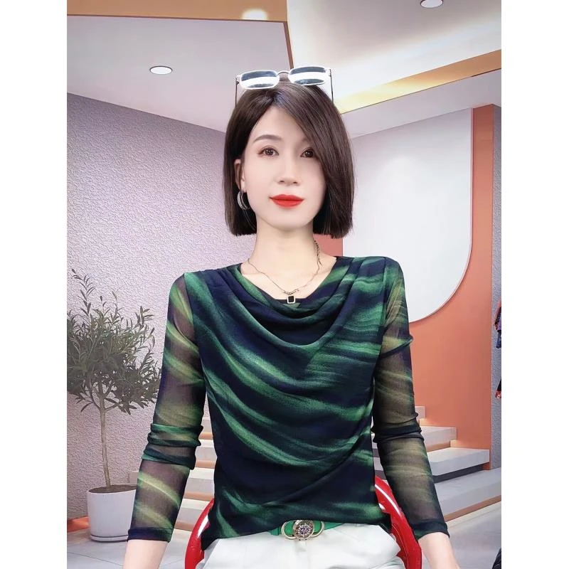 高贵冰丝网纱t恤夏季长袖体恤显瘦条纹打底衫打底衫绿色上衣网红