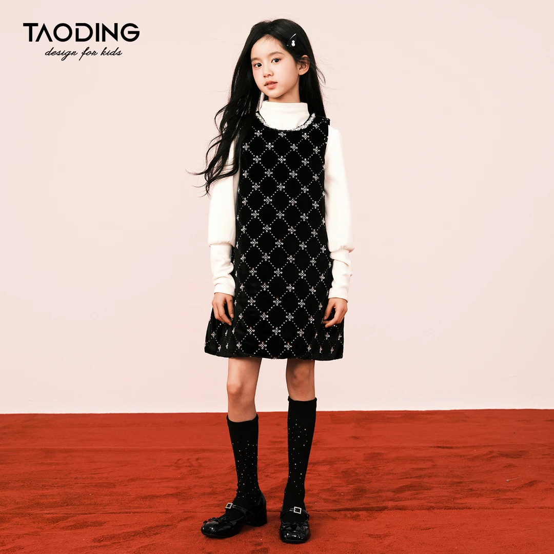 淘町女童连衣裙秋冬新款洋气女孩加厚保暖亮闪千金风背心裙小个子