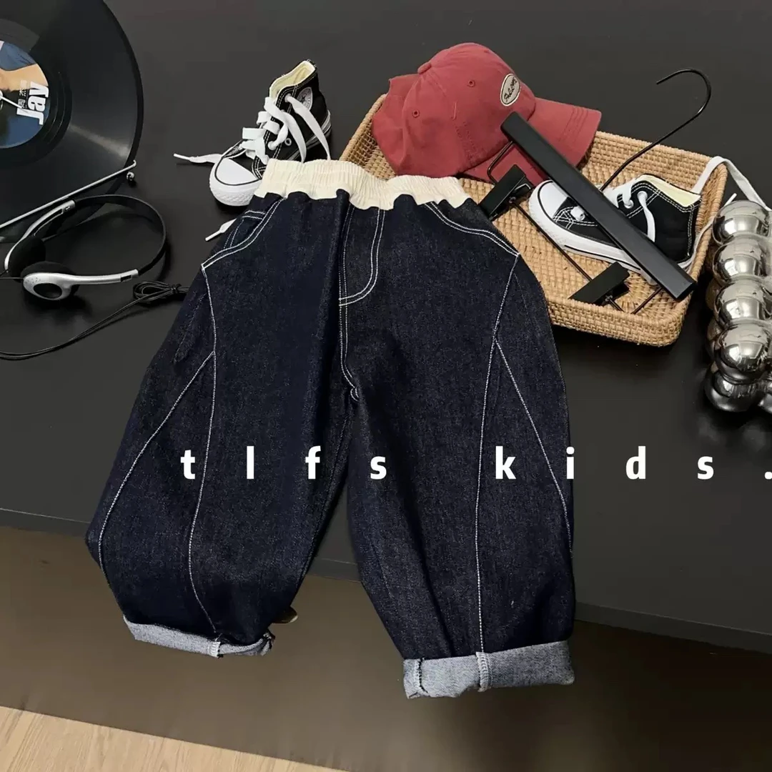 【顶配】韩系实体品牌*拼色腰撞线百搭牛仔裤/中大童男女宝足码