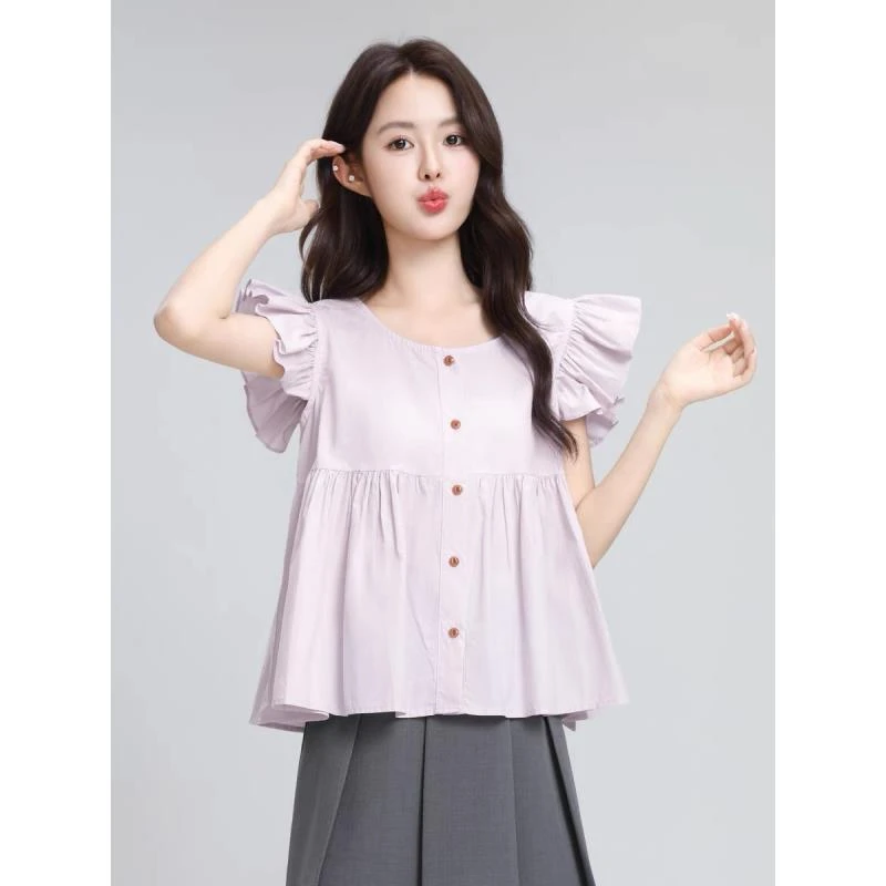 法式小飞袖衬衫女夏2025夏季新款温柔风无袖娃娃衫衬衣荷叶边上衣