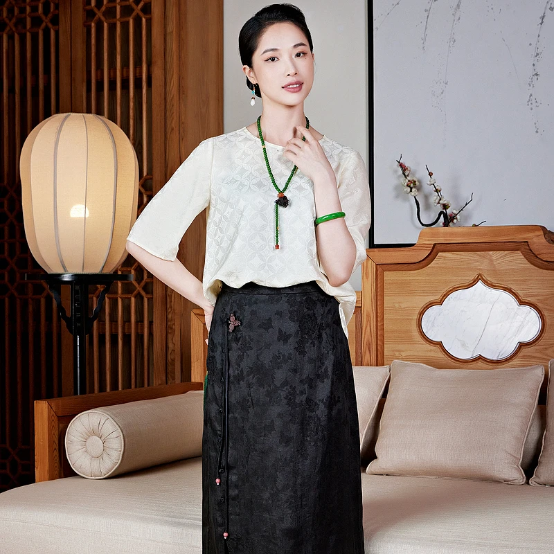 【流泉映月】织金桑波缎桑蚕丝白色简约春夏文艺复古中式上衣W25543