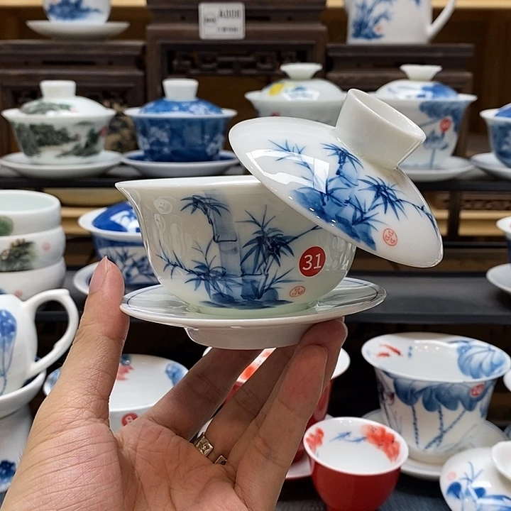 手绘竹子悬停盖碗150cc釉下彩微瑕福利款