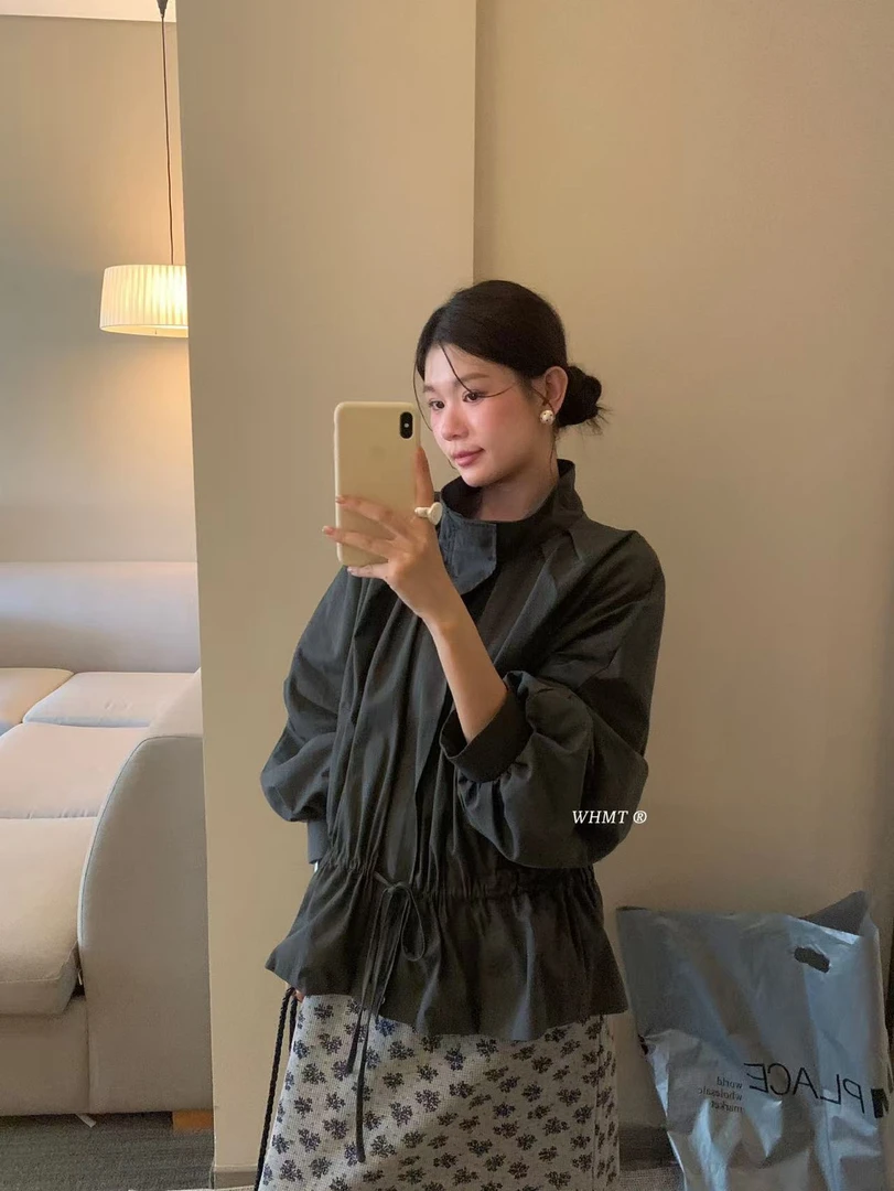 米古古WHMT# 1288#库 韩系设计感立领收腰抽绳灯笼袖（衣长61 ）