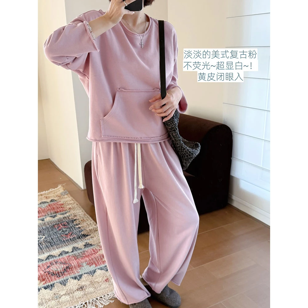 【MGDM】圆领卷边无尘精棉手工拉毛慵懒风落肩长袖卫衣卫裤套装