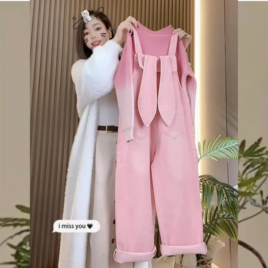 【两件套 亲子】粉色耳朵牛仔背带裤渐变粉毛衣套装2025开春新款潮