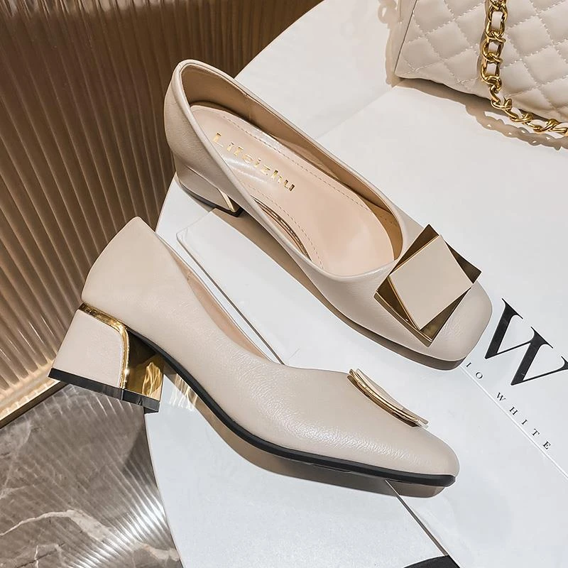 夏季中跟单鞋女粗跟软底瓢鞋小香风百搭高跟鞋复古大码女鞋工作鞋