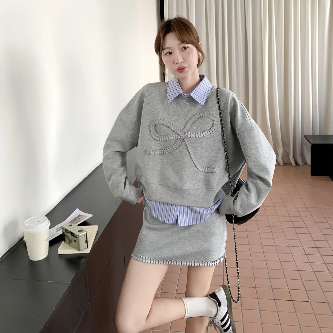 休闲风时尚百搭减龄套装裙女秋季新款洋气卫衣格子内搭短裙三件套