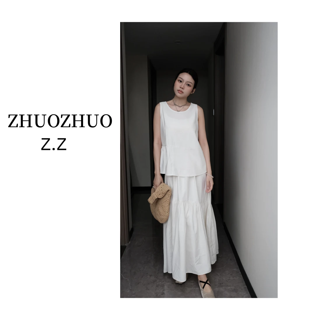 【ZHUOZHUO专属】”素雅清风“减龄无袖背心小衫半压褶重工半裙两件套