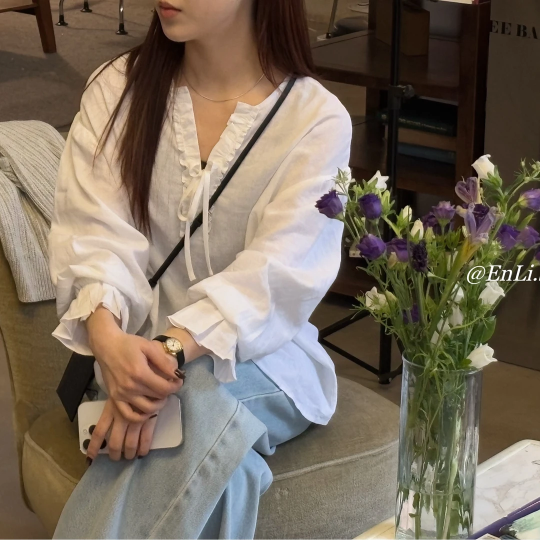 ENLI-25春季木耳边V领白衬衫长袖宽松设计感
