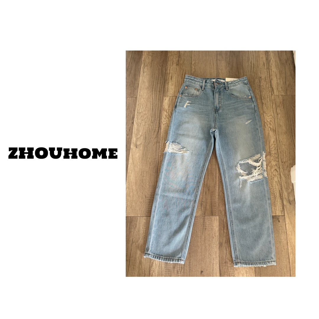 【周周服饰】代嘉儿洋气浅色破洞直筒牛仔裤女春夏2025新款
