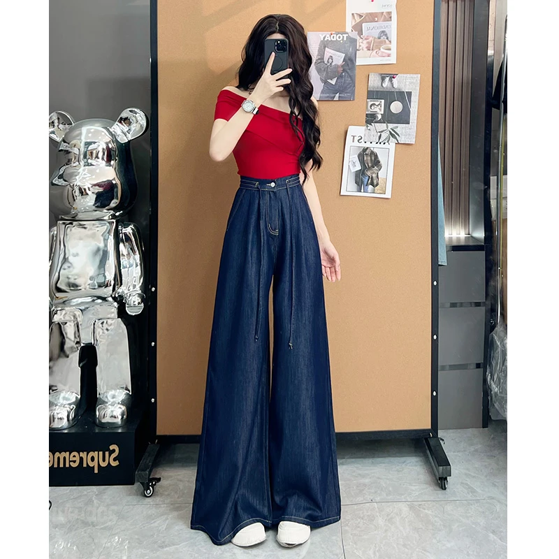 丹宁蓝天丝阔腿牛仔裤女夏季薄款2025年新款慵懒爆款超火直筒裤子