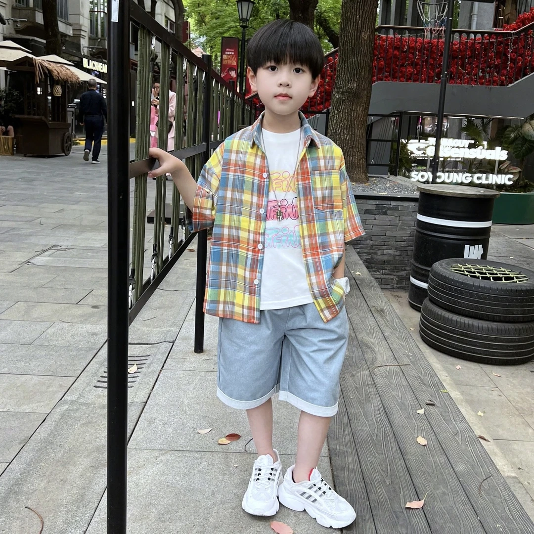 男童夏季休闲格子衬衫2025新款中大童韩版洋气衬衣男孩百搭夏装潮