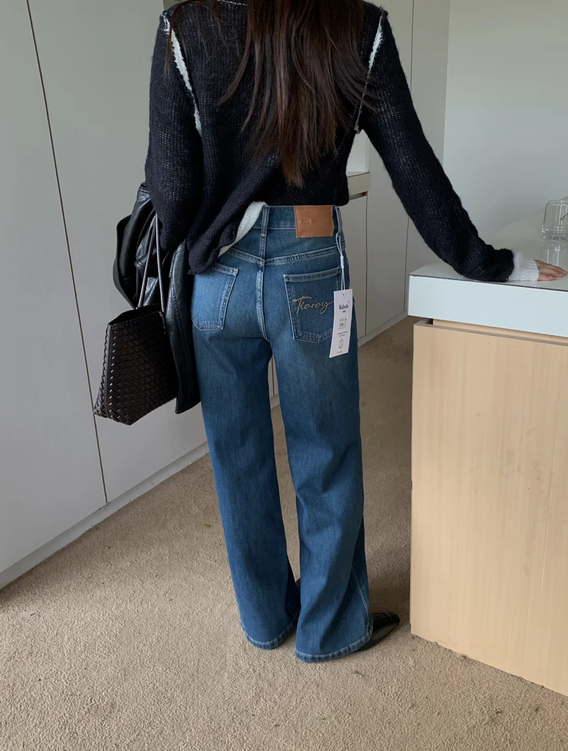 Kabodo73013直筒牛仔裤女2025早秋款阔腿裤高腰宽松深蓝色拖地裤