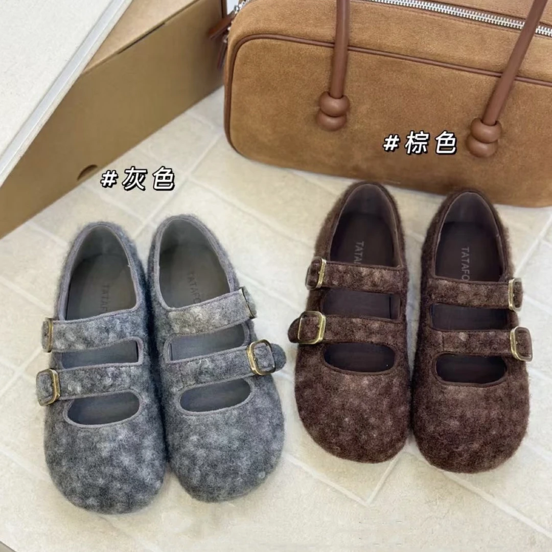 毛呢玛丽珍软底秋冬季新款棕色系时髦慵懒风魔术贴平底单鞋