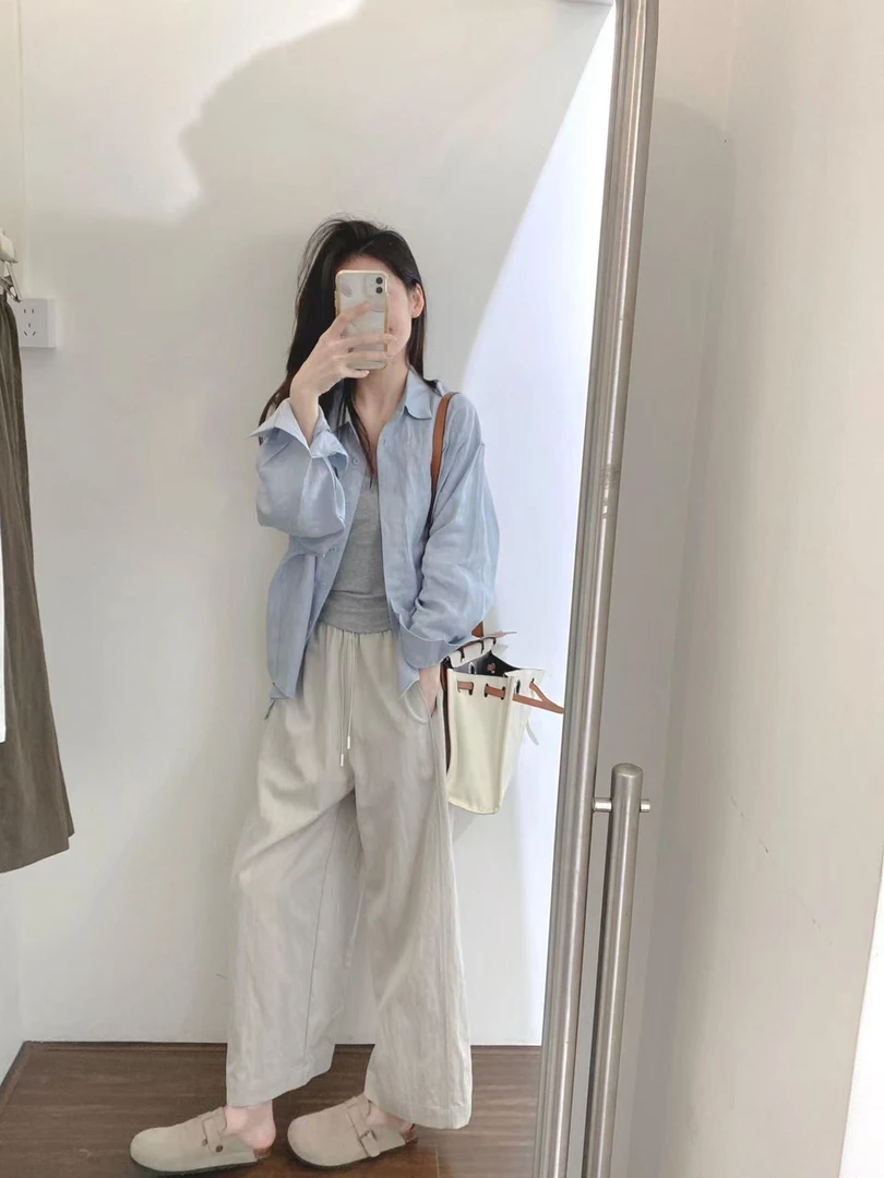 2025春季新款百搭简约气质蓝色衬衫灰色吊带百搭休闲阔腿裤三件套