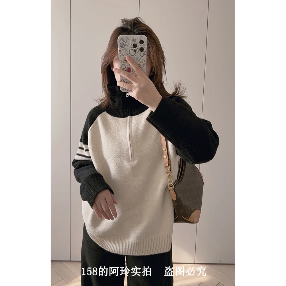 【阿玲实拍】半拉链翻领毛衣女套衫撞色针织衫2024新款简约宽松上衣