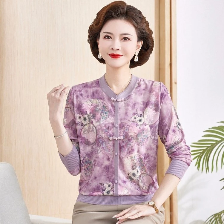 妈妈秋装新款长袖上衣洋气翻领小衫中老年女春秋时尚薄打底衫套装