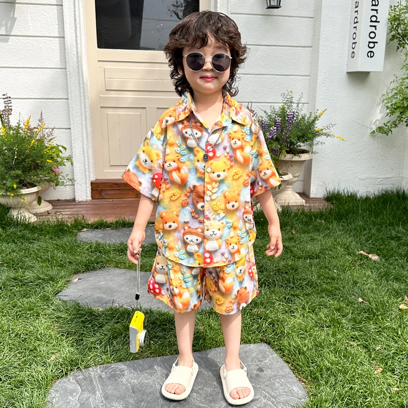 男童夏季套装儿童短袖洋气花衬衫2025新款痞帅儿童夏装薄款两件套