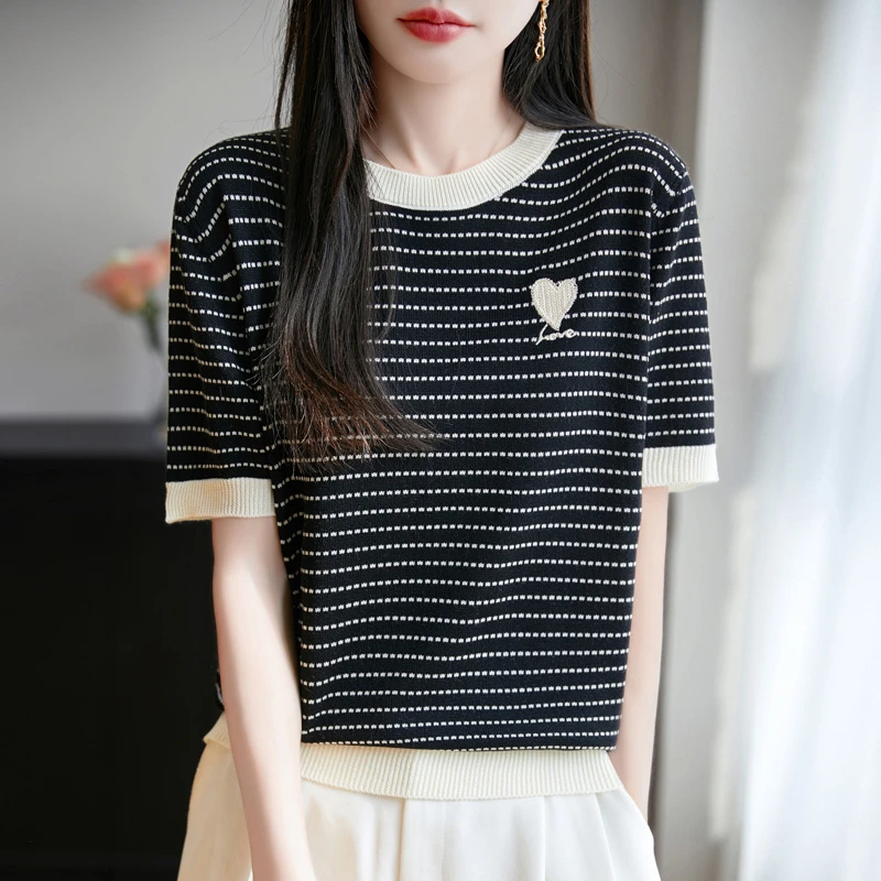 25新款时尚气质春款精纺羊毛爱心条纹女百搭打底T恤针织衫半袖