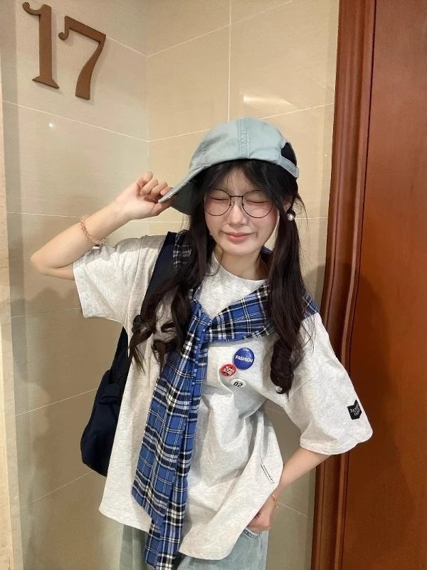 国潮牌美式格子披肩假两件短袖T恤女夏季宽松设计感情侣纯棉上衣