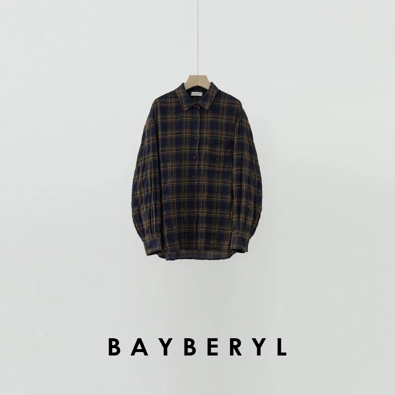 BAYBERYL老贝复古格纹翻领宽松百搭排扣叠穿春衬衫NCY4K0101-2/9