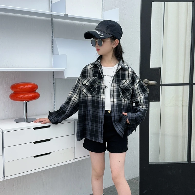 俏咪咕女童2025新款洋气儿童春款休闲韩版时尚女孩格子衬衫套装!