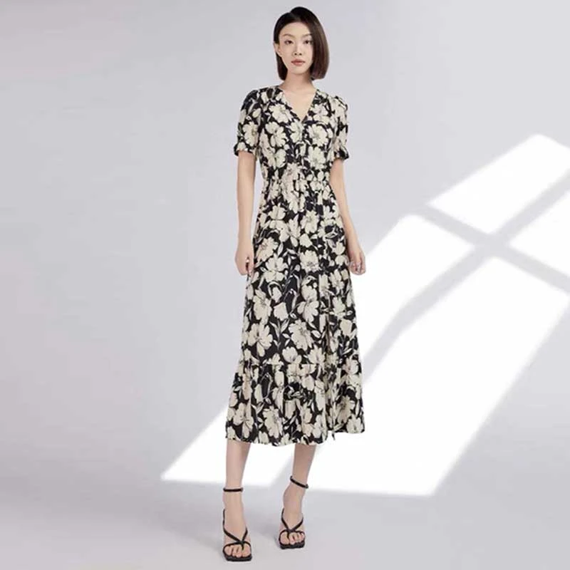 【商场同款】女装夏季法式复古中长款V领碎花裙短袖连衣裙1500326