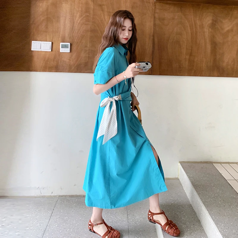 蓝色连衣裙女2025夏款高级感气质显瘦收腰显瘦polo领衬衫长裙子