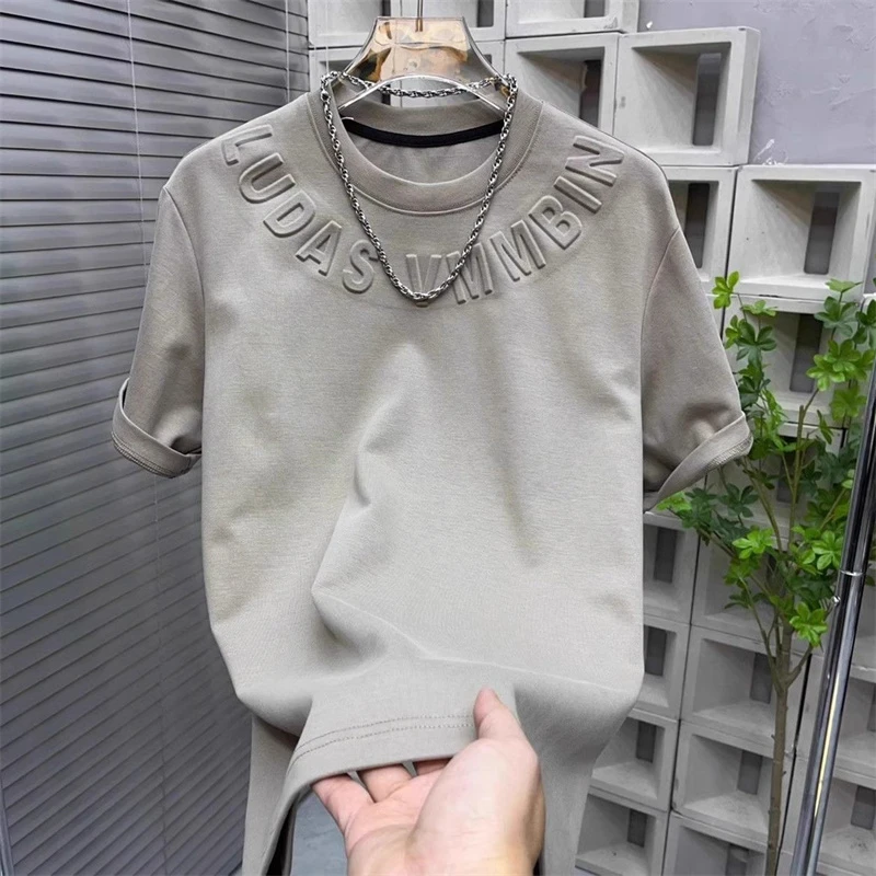 纯色钢印字母男士t恤打底衫2025新品百搭短袖圆领纯棉上衣韩版潮