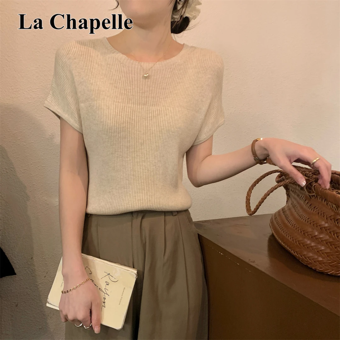 拉夏贝尔韩版圆领气质短袖女2025夏季薄款设计感显瘦拼接针织上衣
