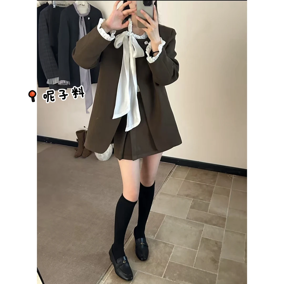 韩系气质蝴蝶结绑带西装外套高腰半身短裙加厚夹棉两件套装秋冬女