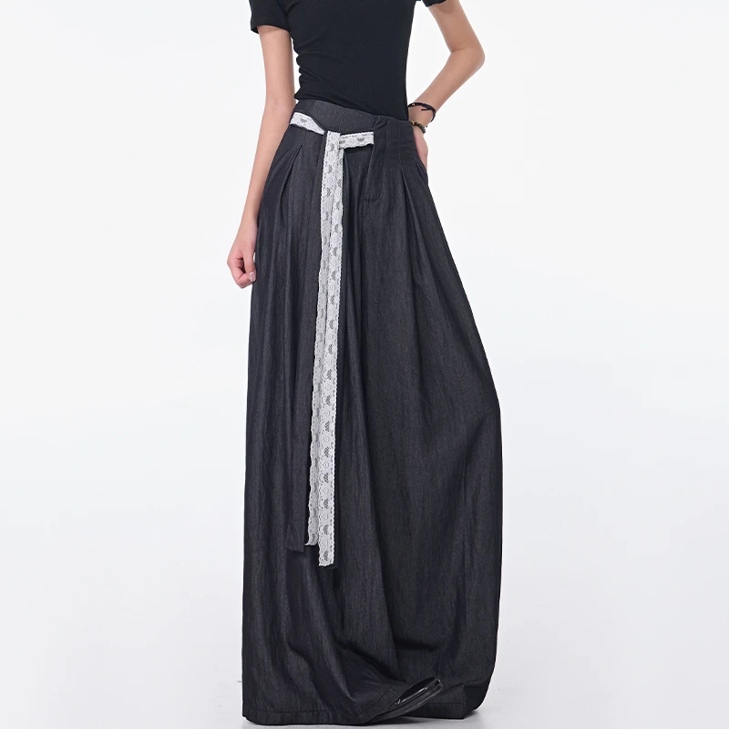 KENSTUDIO春夏新款高腰梨形身材蕾丝休闲裤女宽松百搭拖地阔腿裤