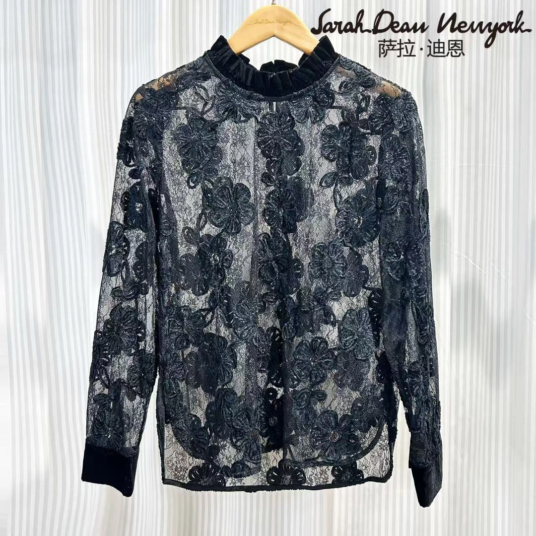 【萨拉迪恩】镂空上衣长袖时尚休闲圆领百搭气质