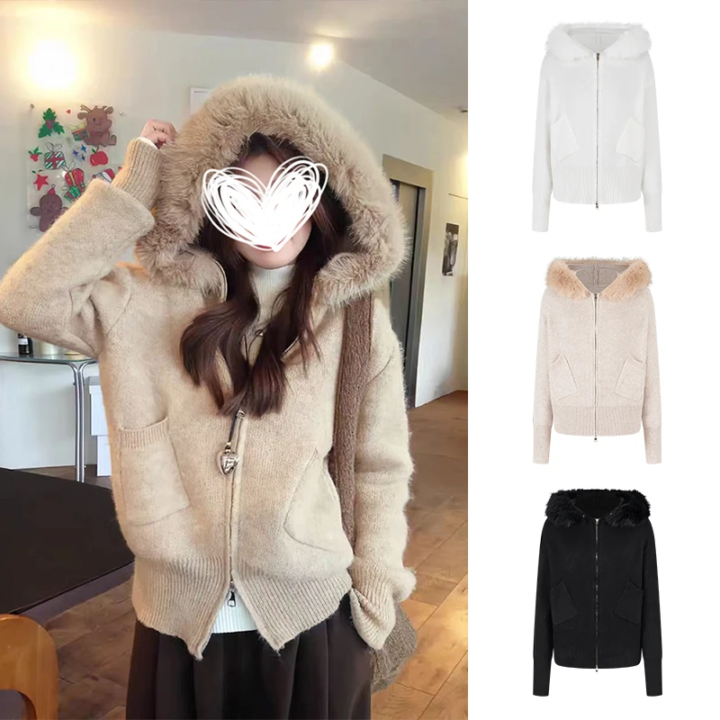 Moses Queen/魔西女王温柔连帽双拉链针织外套慵懒风拼接毛领开衫