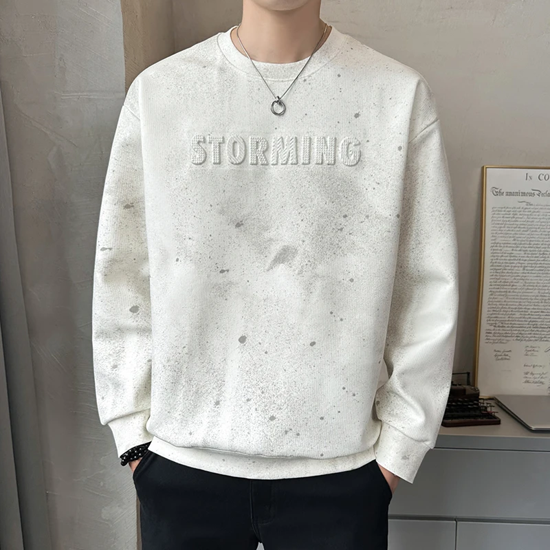 秋季新款圆领男士卫衣喷墨钢印压花长袖T恤宽松时尚休闲打底衫潮