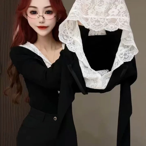 假两件长袖蕾丝拼接修身型防紫外线T恤设计师夏季网红针织简约