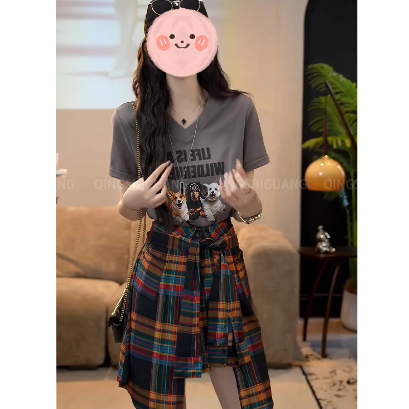 设计感格子条纹裤裙2025爆款纯色印花灰色短袖百搭T恤套装女夏季