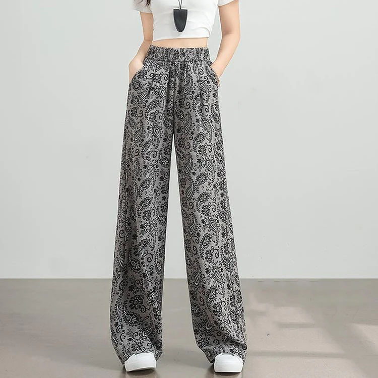 B门店34&9！腰果花休闲裤」冰丝凉感抗皱高腰垂感印花阔腿裤 D40258