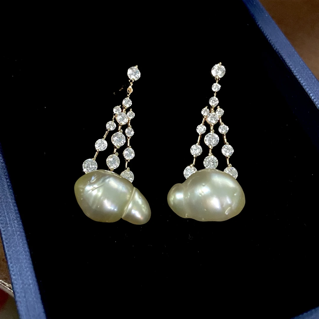 法式流苏南洋金珠耳钉