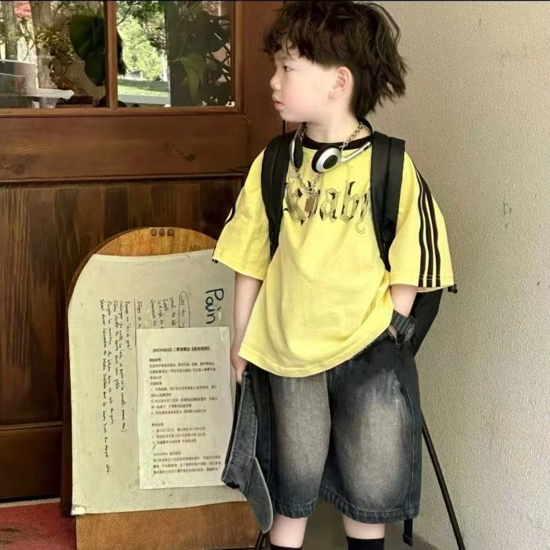 男童t恤短袖2025新款男童夏装套装潮流韩版印花短袖牛仔短裤男童