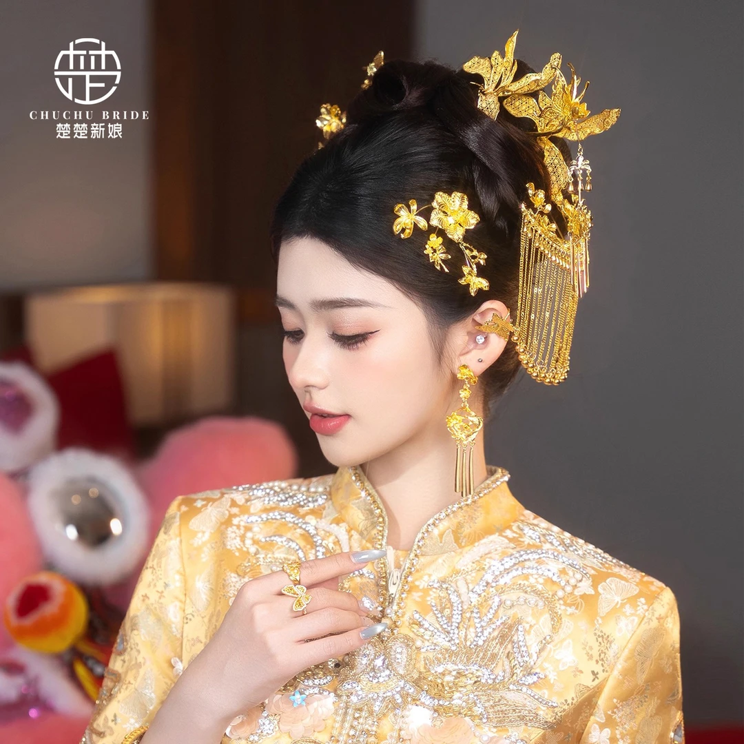 2025新款金色发簪百搭简约龙凤褂秀禾头饰复古金色发钗旗袍发饰品